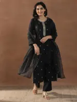 Black Embroidered Silk Blend Straight Suit Set With Dupatta - Image 5