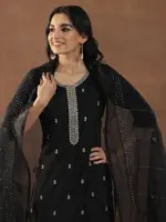 Black Embroidered Silk Blend Straight Suit Set With Dupatta - Image 6