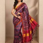 Blue Ikkat Printed Silk Blend Saree With Unstitched Blouse Piece