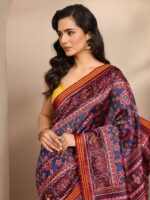 Blue Ikkat Printed Silk Blend Saree With Unstitched Blouse Piece - Image 4