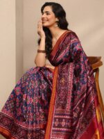 Blue Ikkat Printed Silk Blend Saree With Unstitched Blouse Piece - Image 6