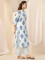 Blue Printed Cotton Straight Suit Sets With Dupatta - Image 3