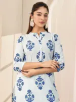Blue Printed Cotton Straight Suit Sets With Dupatta - Image 6
