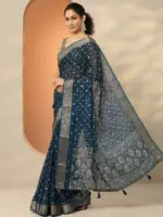 Blue Woven Design Georgette Saree With Unstitched Blouse Piece - Image 3