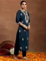 Blue Yoke Design Silk Blend Straight Suit With Dupatta