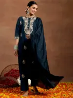 Blue Yoke Design Silk Blend Straight Suit With Dupatta - Image 5