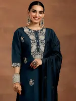 Blue Yoke Design Silk Blend Straight Suit With Dupatta - Image 8