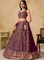 Comely Georgette Thread Embroidery Work Maroon Lehenga Choli For Women