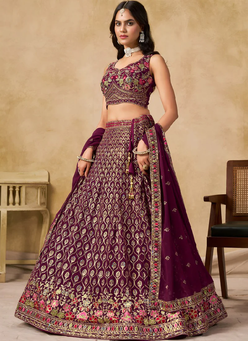 Comely Georgette Thread Embroidery Work Maroon Lehenga Choli For Women-3 Comely Georgette Thread Embroidery Work Maroon Lehenga Choli For Women - Image 1