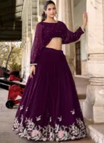 Designer Georgette Thread Embroidered Work Wine Crop Top Lehenga - Image 2
