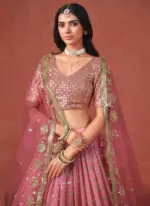 Fantastic Georgette Zari Embroidered Peach Lehenga Choli For Women - Image 3