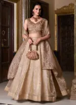 Golden Color Plain Silk Lehenga With Zari Embroidered Work Blouse