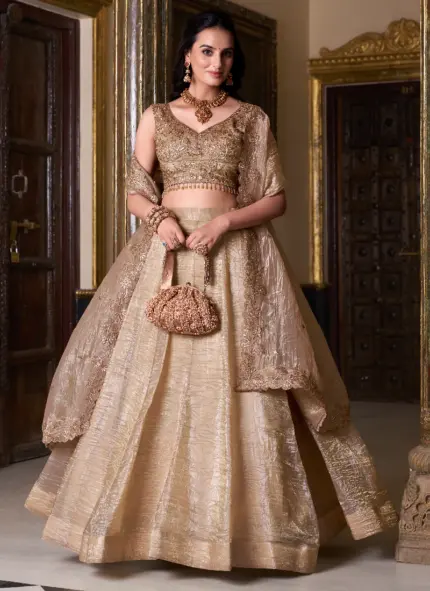 Golden Color Plain Silk Lehenga With Zari Embroidered Work Blouse