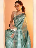 Green Printed Silk Blend Saree With Unstitched Blouse Piece - Image 2