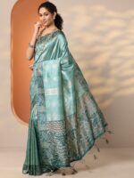 Green Printed Silk Blend Saree With Unstitched Blouse Piece - Image 3