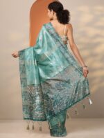 Green Printed Silk Blend Saree With Unstitched Blouse Piece - Image 4