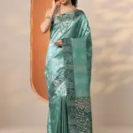 Green Printed Silk Blend Saree With Unstitched Blouse Piece