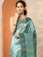 Green Printed Silk Blend Saree With Unstitched Blouse Piece - Image 5