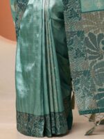 Green Printed Silk Blend Saree With Unstitched Blouse Piece - Image 6
