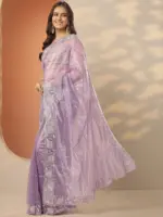 Lavender Embroidered Nylon Saree With Unstitched Blouse Piece - Image 2