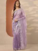 Lavender Embroidered Nylon Saree With Unstitched Blouse Piece - Image 4