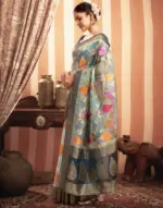 Light Blue Organza Jacquard Woven Saree - Image 3