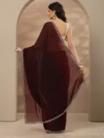Maroon Solid Silk Blend Saree With Unstitched Blouse Piece - Image 4