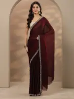 Maroon Solid Silk Blend Saree With Unstitched Blouse Piece