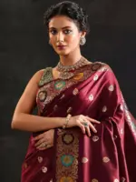 Maroon Woven Design Silk Blend Saree With Unstitched Blouse Piece - Image 4