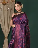 Navy Blue Silk Woven Banarasi Saree - Image 2