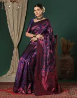 Navy Blue Silk Woven Banarasi Saree - Image 3