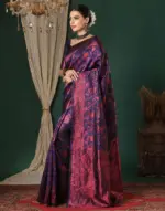 Navy Blue Silk Woven Banarasi Saree - Image 4