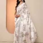 Off White Printed Silk Blend Saree With Unstitched Blouse Piece