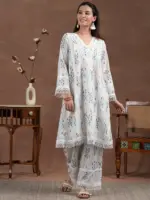 Off white Printed Cotton A-Line Kurta With Palazzos