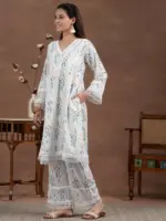 Off white Printed Cotton A-Line Kurta With Palazzos - Image 8
