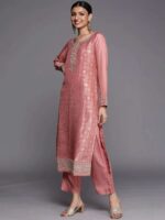 Peach Self Design Silk Blend Straight Kurta With Dupatta - Image 2