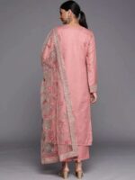 Peach Self Design Silk Blend Straight Kurta With Dupatta - Image 3