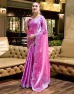 Pink Tissue Silk Sequence Embroidery Saree - Image 3