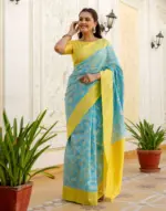 Sky Blue Silk Woven Banarasi Saree - Image 2