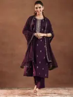 Wine Embroidered Silk Blend Straight Suit With Dupatta - Image 7