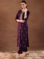 Wine Embroidered Silk Blend Straight Suit With Dupatta - Image 6