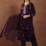 Wine Embroidered Silk Blend Straight Suit With Dupatta