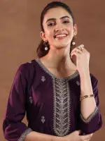 Wine Embroidered Silk Blend Straight Suit With Dupatta - Image 4