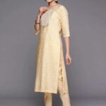 Yellow Yoke Design Silk Blend Straight Kurta With Trousers & Dupatta